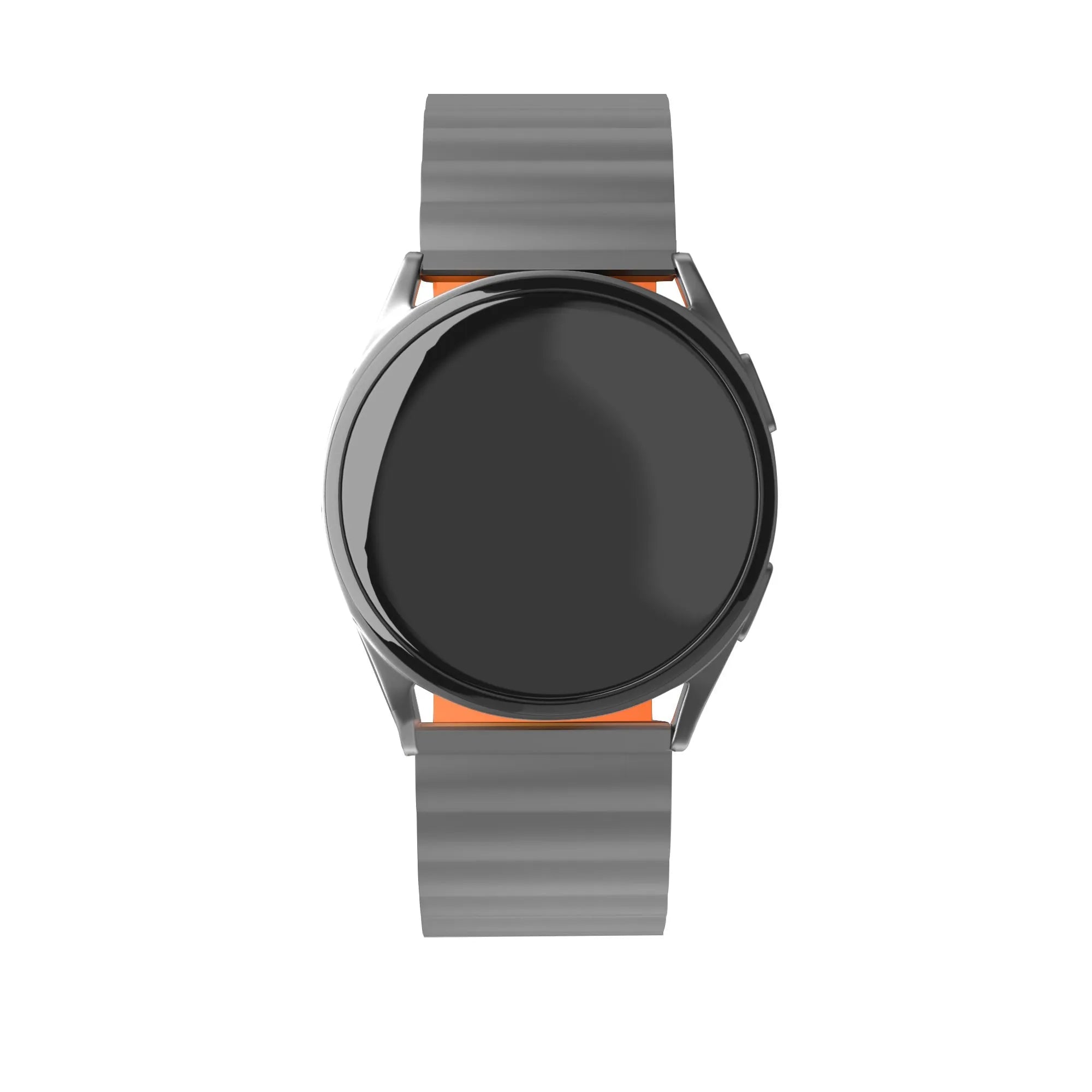 Magnetic Silicone Strap, grey/orange, on a watch, direct front view