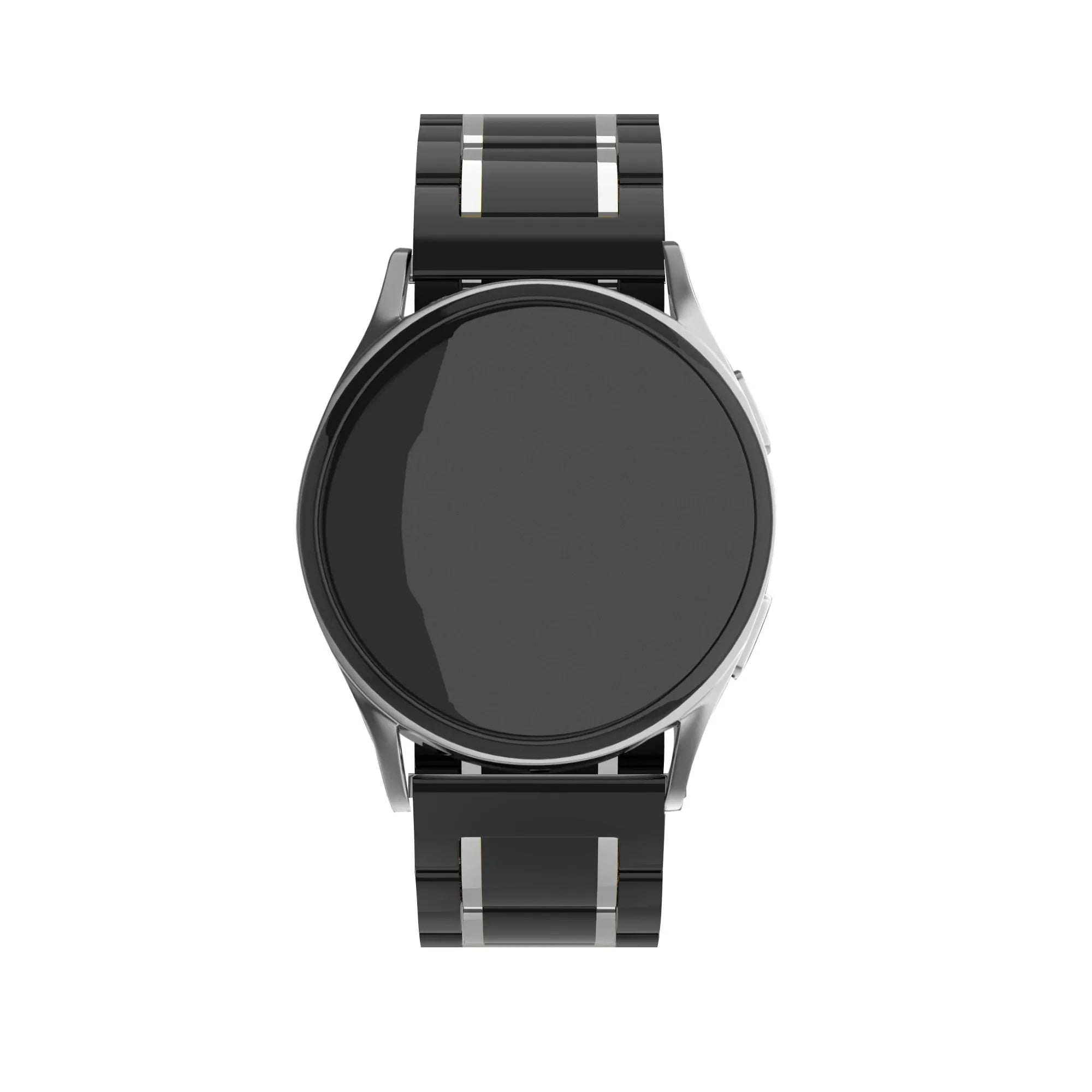 Metal Ceramic Link Strap, black/silver, on a watch, direct front view