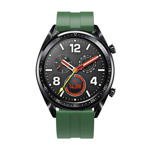 Silicone Strap 'Extreme', army green, on a watch, direct front view