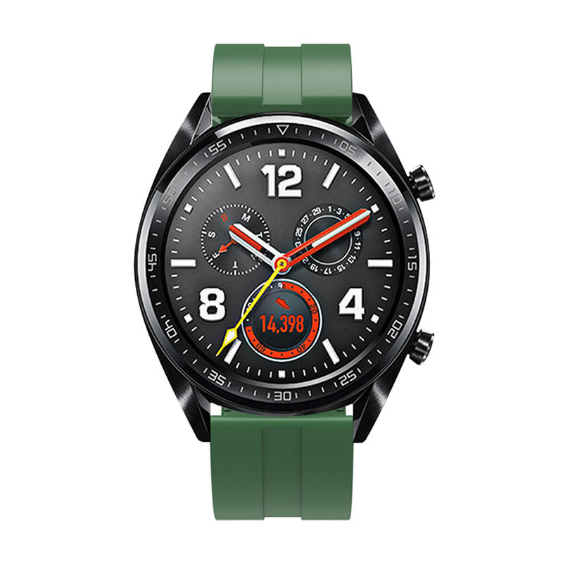 Silicone Strap 'Extreme', army green, on a watch, direct front view