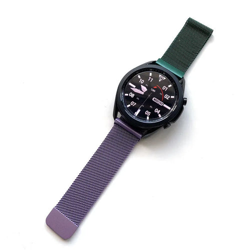 Milanese Strap, purple/green, on a watch, direct front view