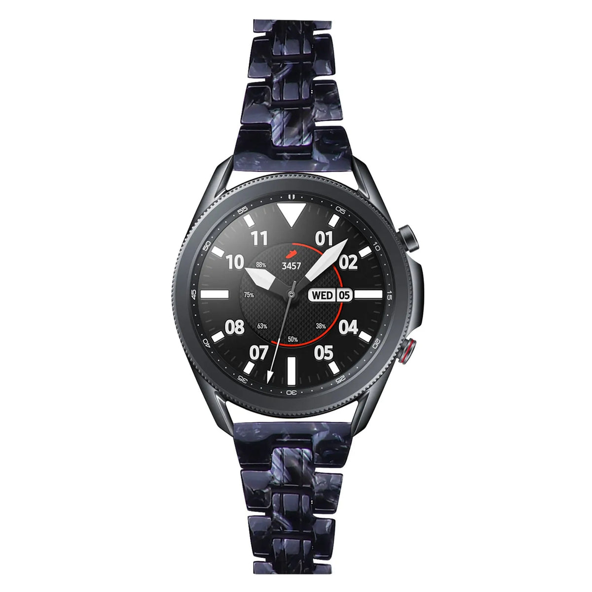 Metal Resin Strap, black/white, on a watch, direct front view