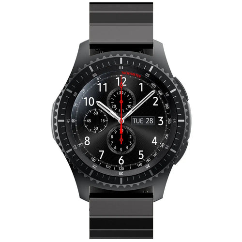 Premium Metal Strap, black, on a watch, direct front view