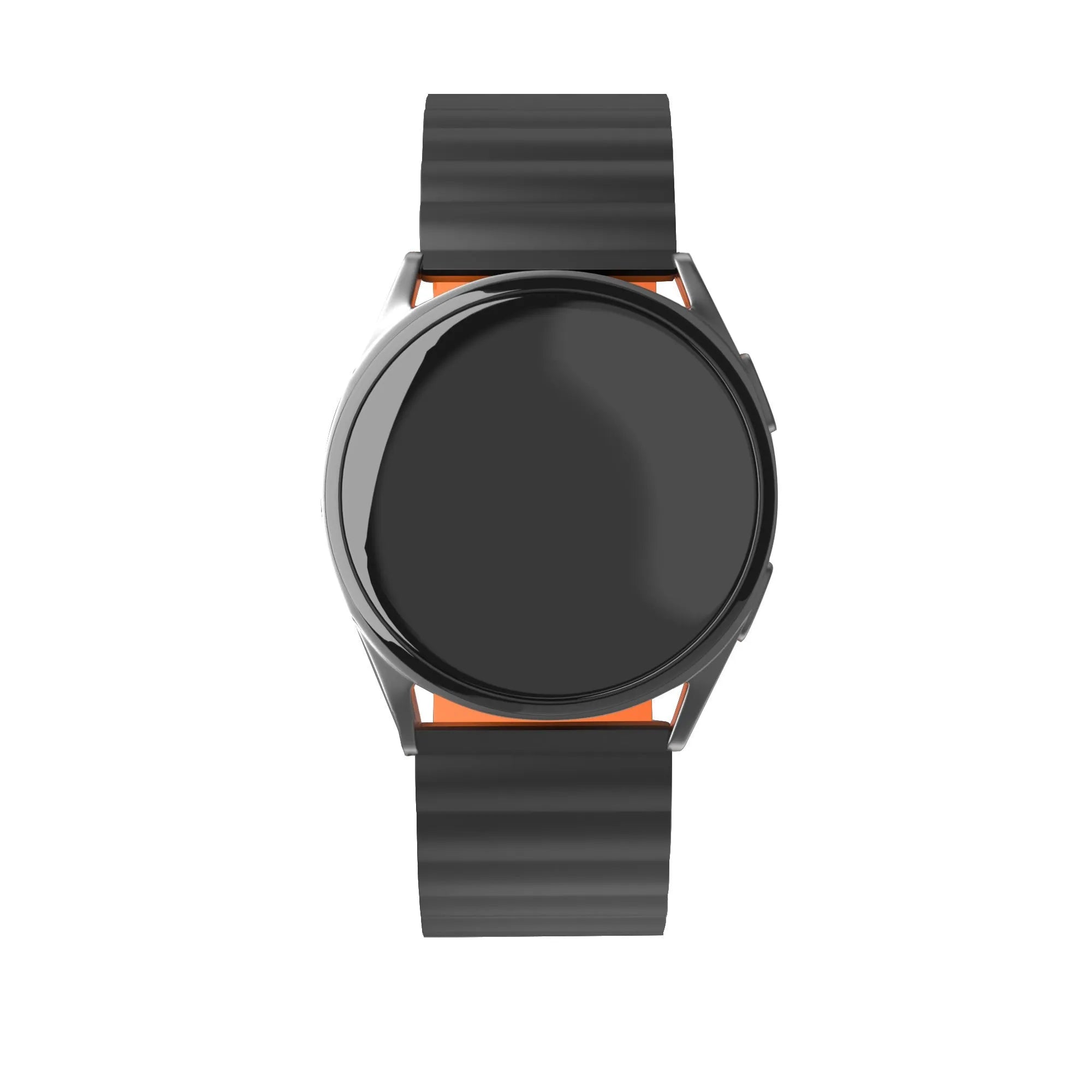 Magnetic Silicone Strap, black/orange, on a watch, direct front view