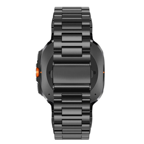 Steel Link Strap 'Deluxe', black, on a watch, direct rear view