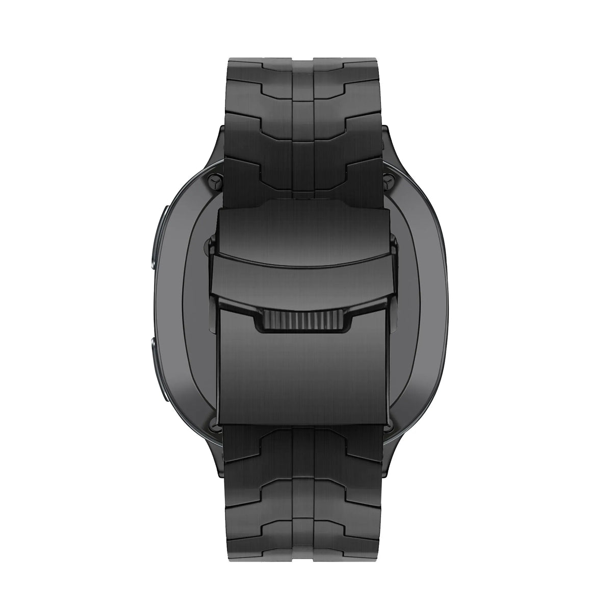 Steel Iron Strap, black, on a watch, direct rear view