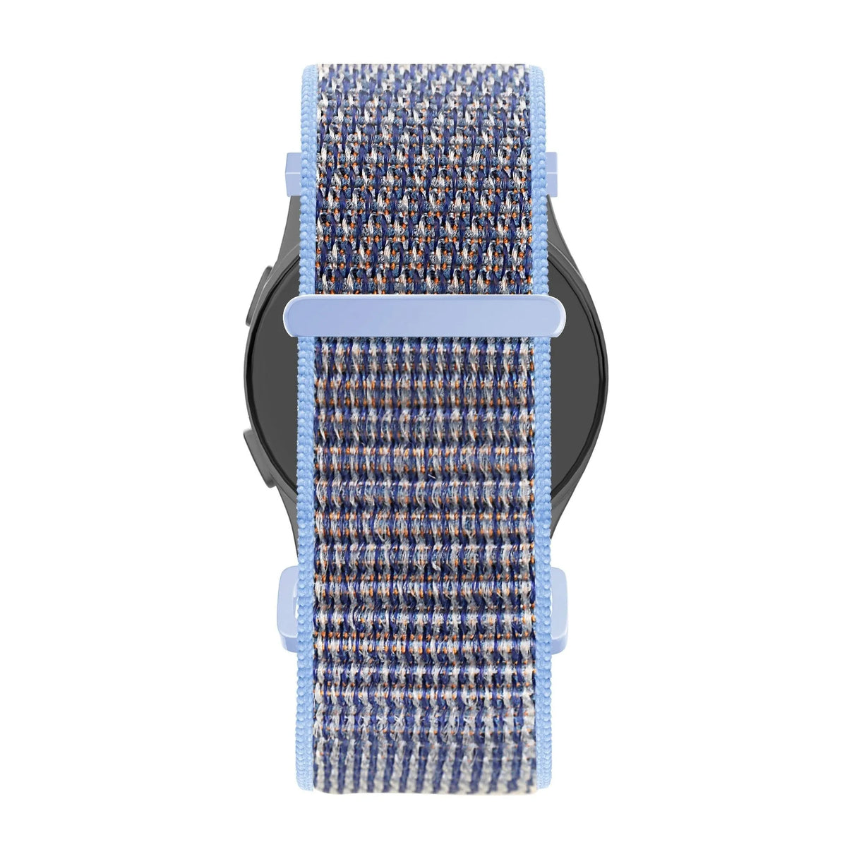 Nylon Loop Strap, azure blue, on a watch, direct rear view