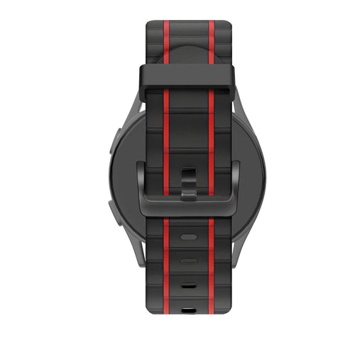 Silicone Sport Strap Striped, black/red, on a watch, direct rear view
