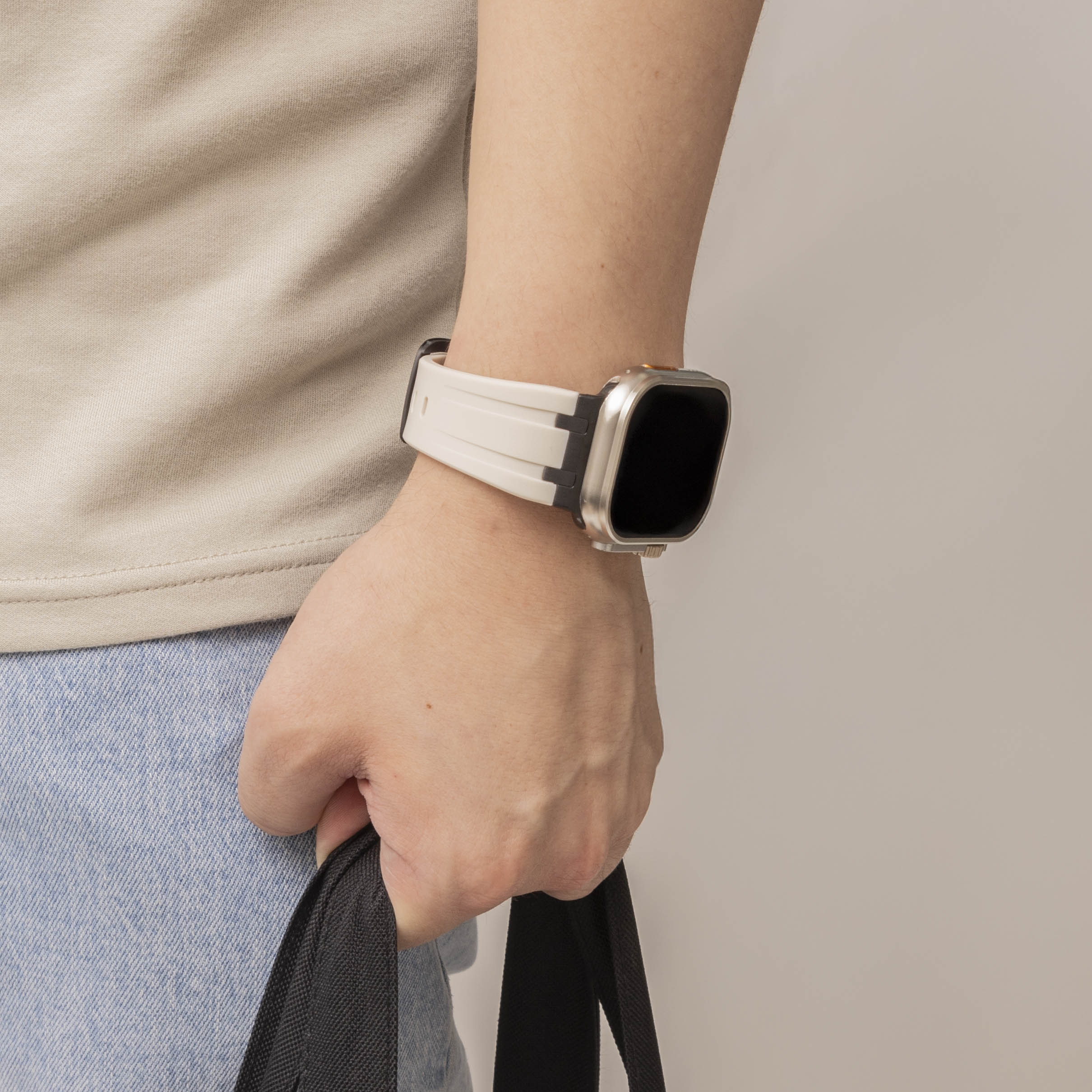 Bandz Apple Watch Silicone Strap 'Luxe Liquid' (Beige With Black)