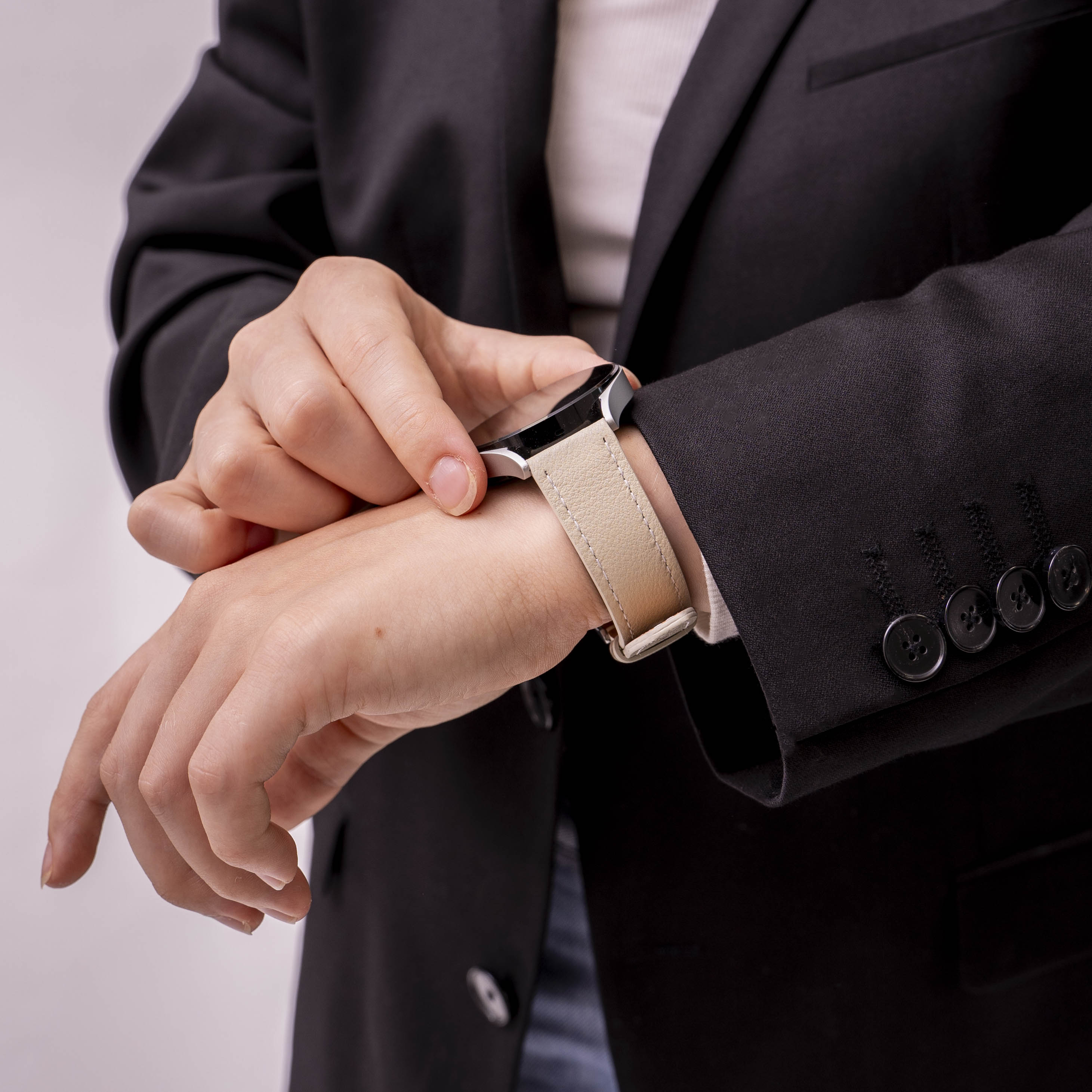 Amazfit Bip 3 (Pro) 'One Push' Leather Strap (Beige)