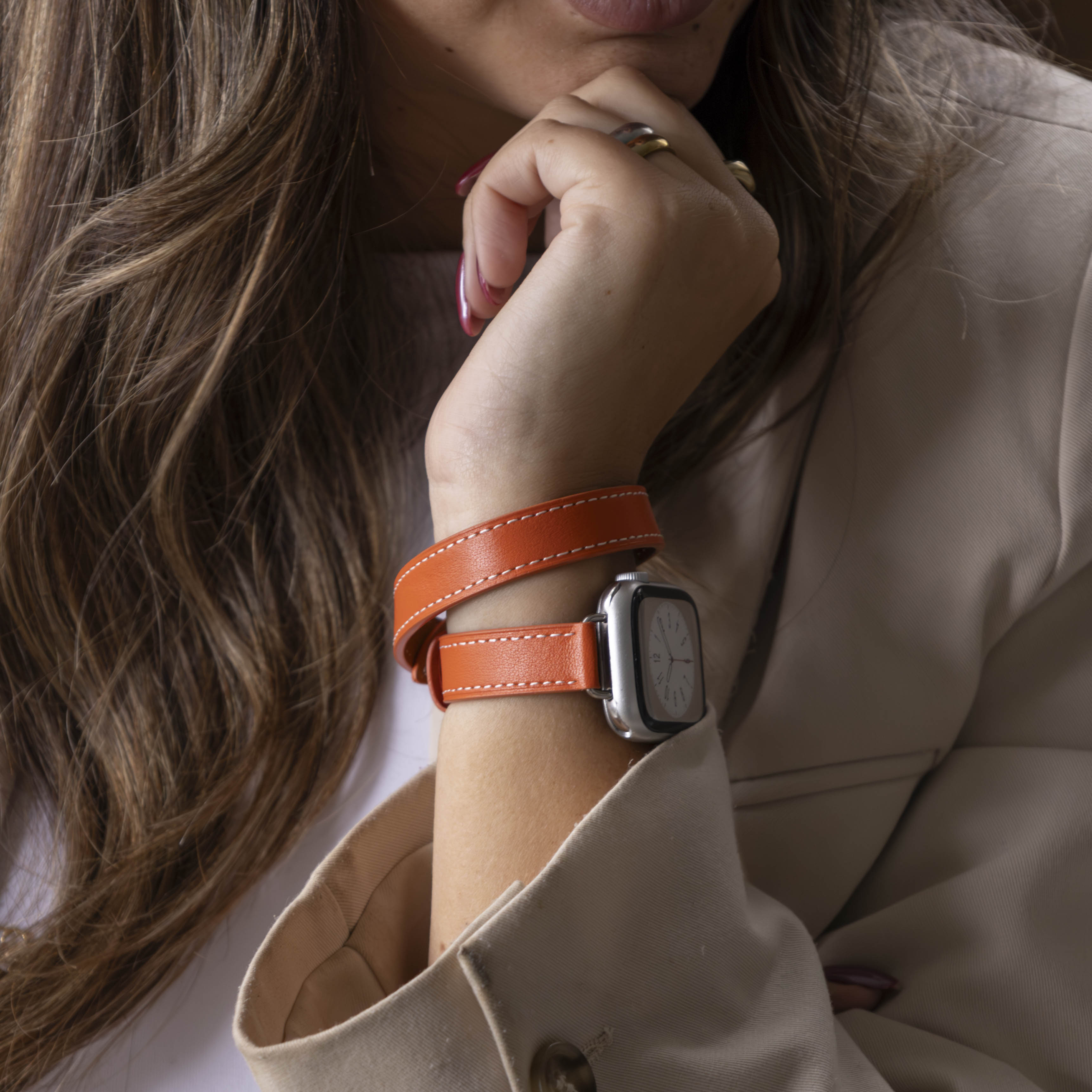 Apple Watch Leather Double Tour Strap (Orange)