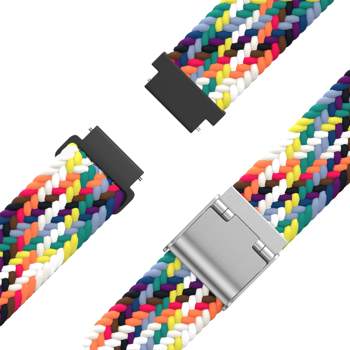 Woven Nylon Strap, rainbow, laid flat, separate parts, direct top view