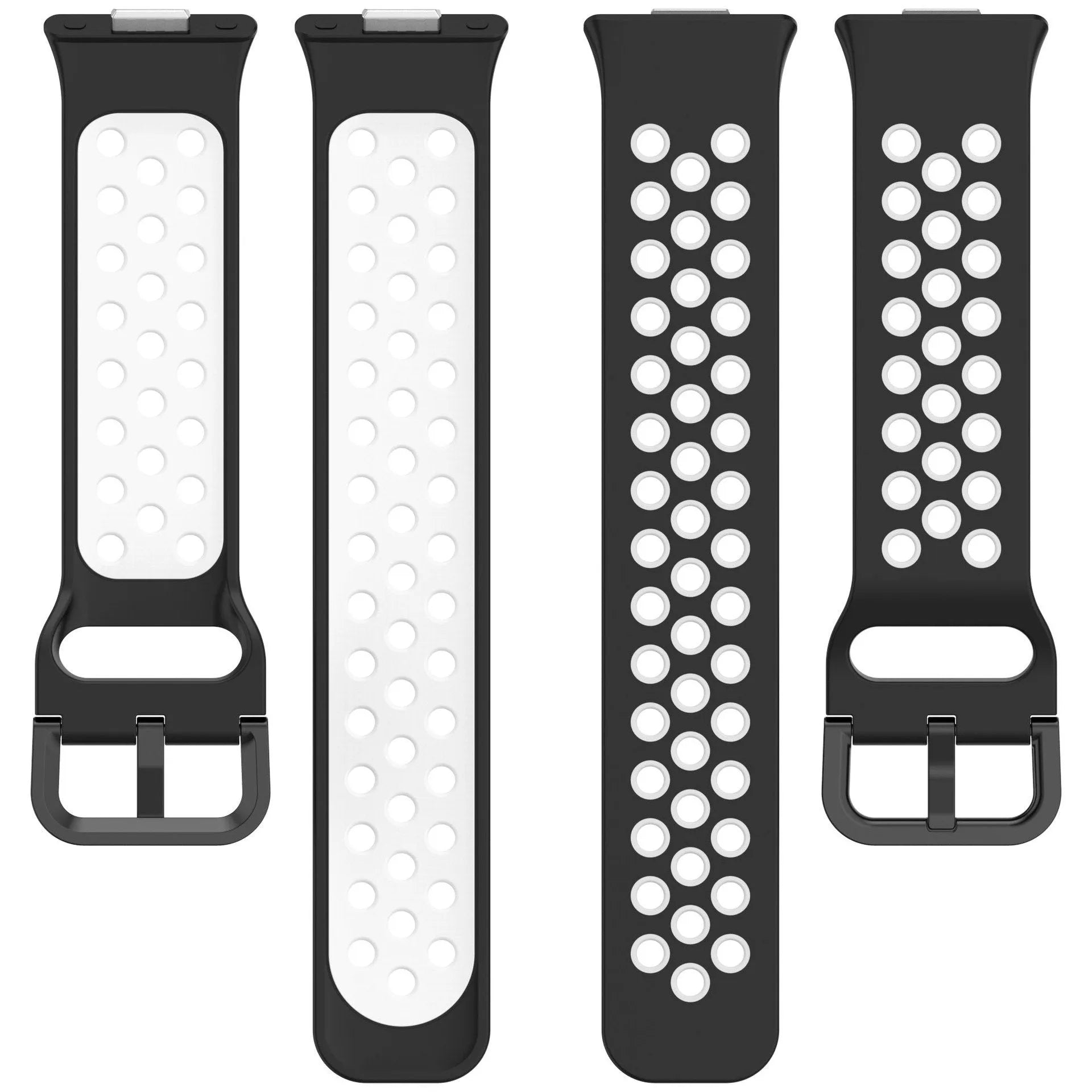 Silicone Sport Strap, black/white, laid flat, separate parts, direct top view