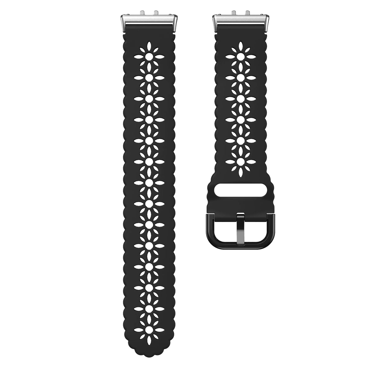Patterned Silicone Strap, black, laid flat, separate parts, direct top view