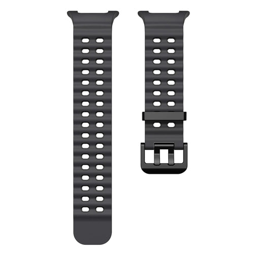 Silicone Ocean Strap, dark grey/black, laid flat, separate parts, direct top view