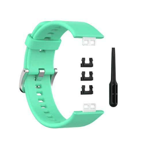 Silicone Strap, aqua, laid flat, separate parts, direct top view