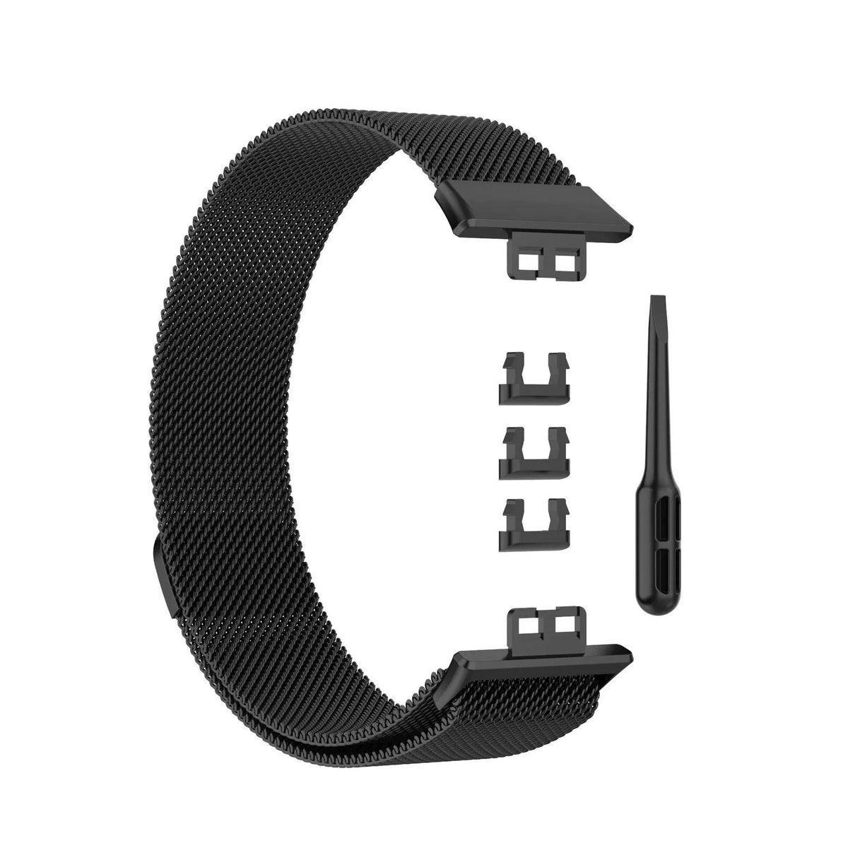 Milanese Strap, black, laid flat, separate parts, direct top view