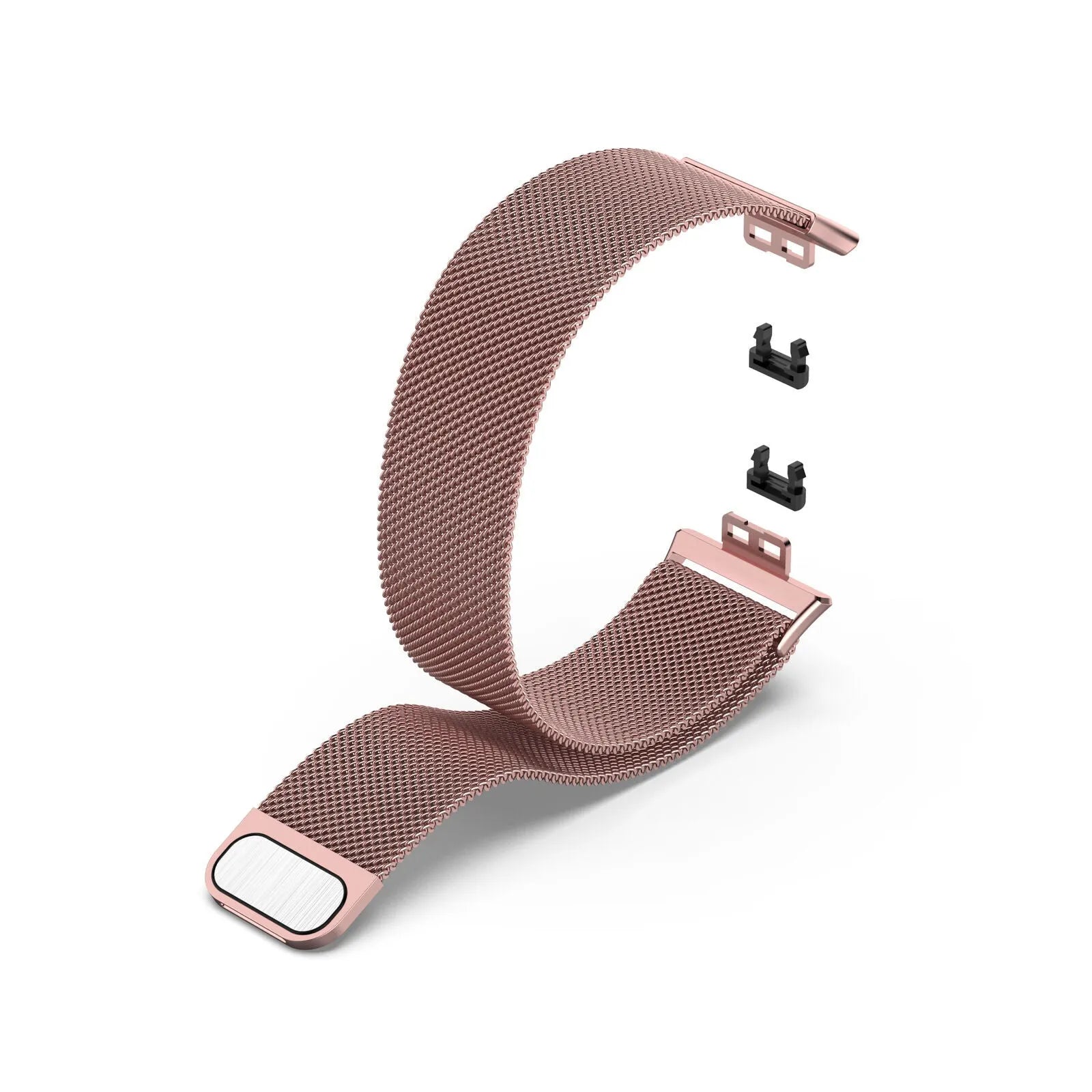 Milanese Strap, pink, laid flat, separate parts, direct top view
