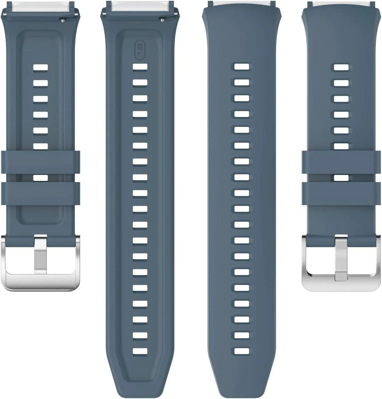 Silicone Strap, grey-blue, laid flat, separate parts, direct top view