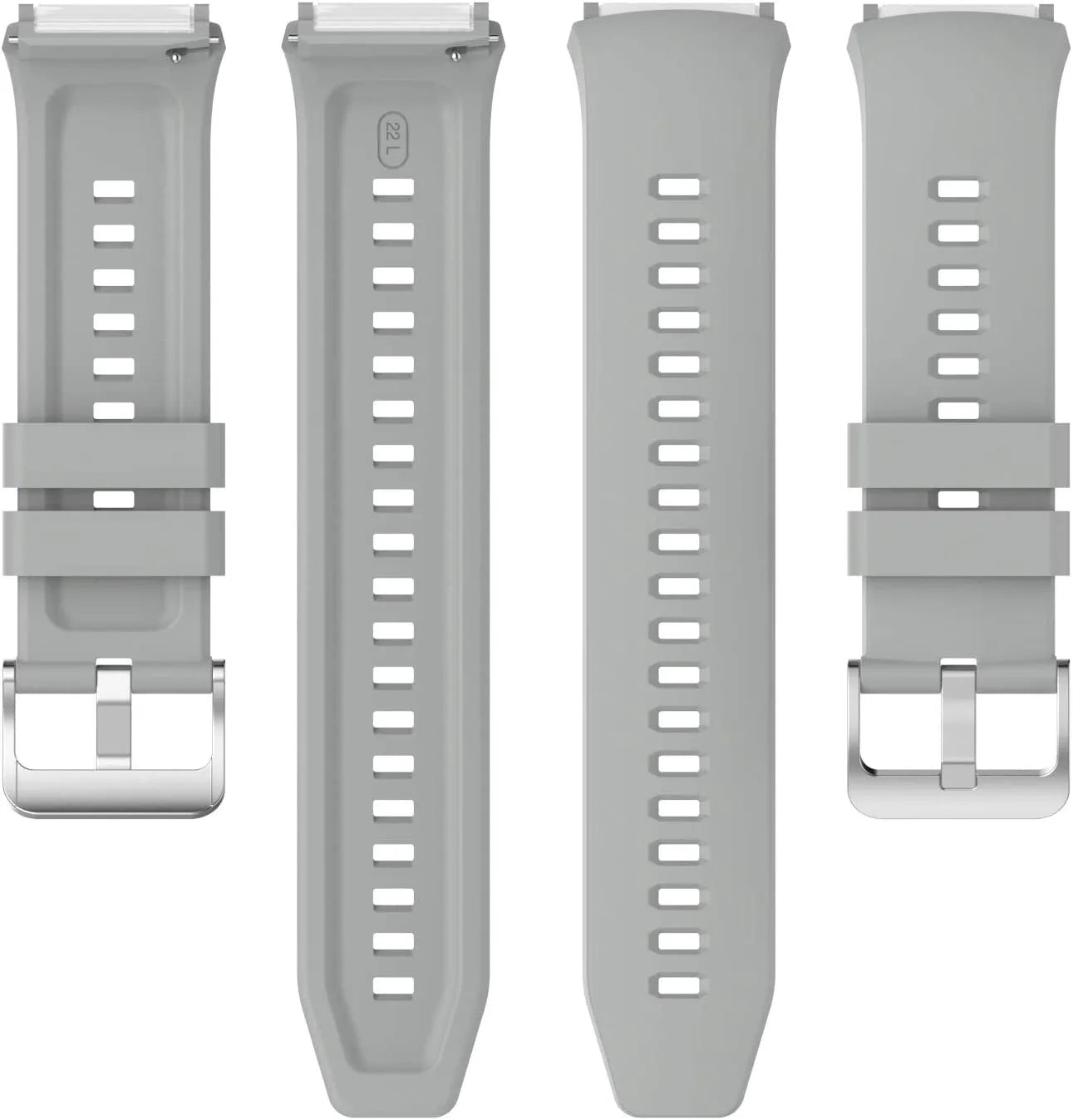 Silicone Strap, grey, laid flat, separate parts, direct top view