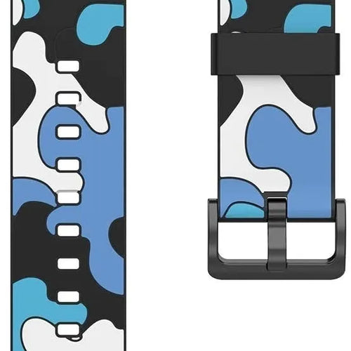 Silicone Camo Strap, blue, laid flat, separate parts, direct top view
