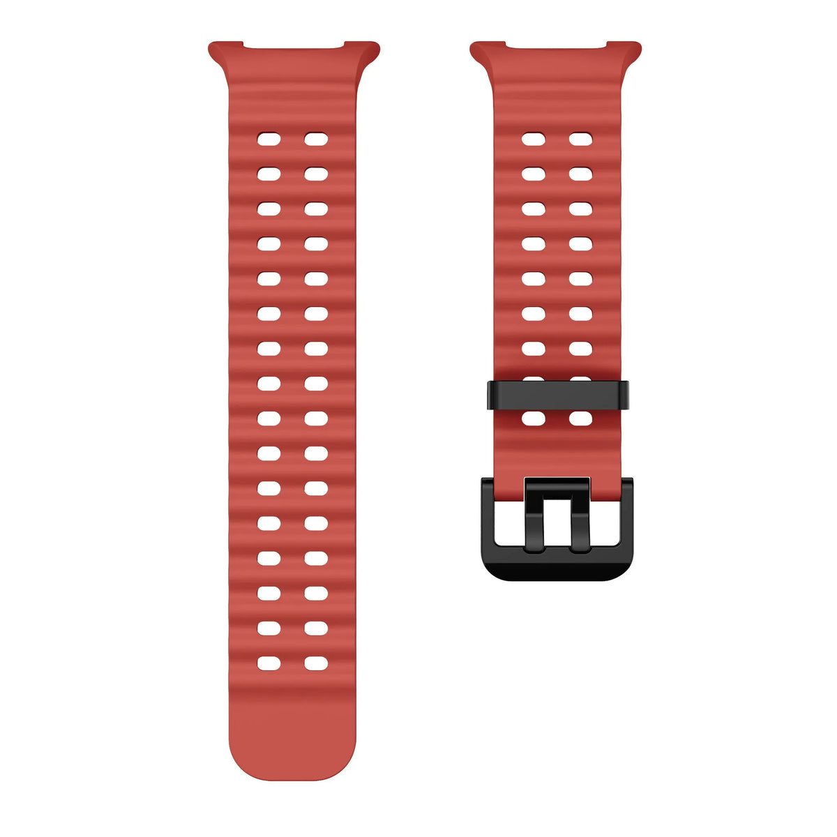 Silicone Ocean Strap, red, laid flat, separate parts, direct top view