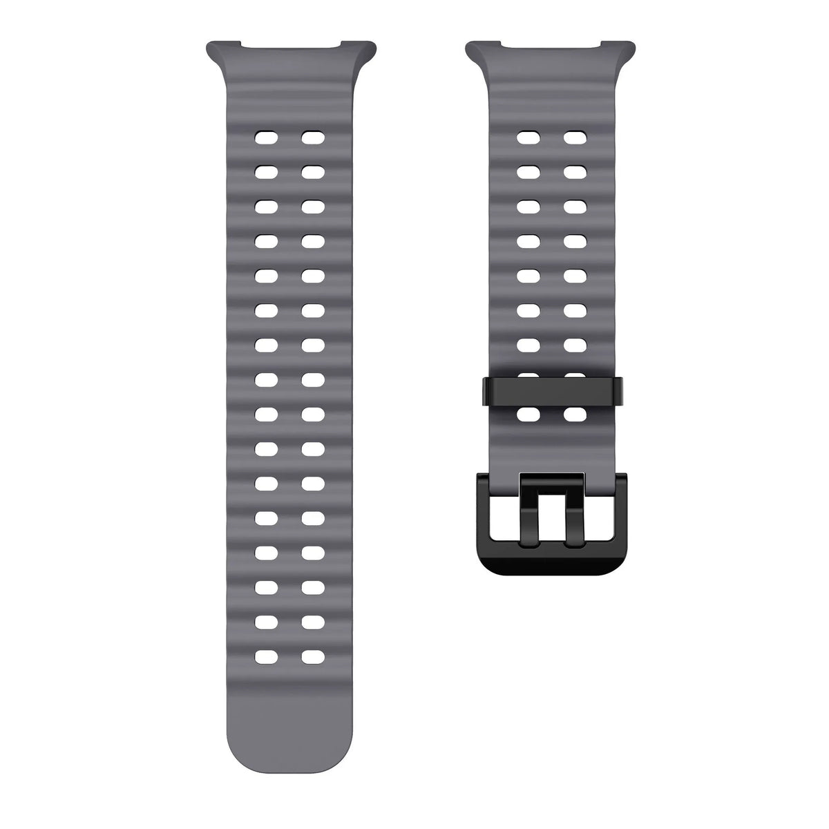 Silicone Ocean Strap, dark grey, laid flat, separate parts, direct top view