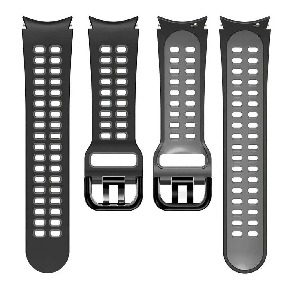 Silicone Squared Sport Strap, black/grey, laid flat, separate parts, direct top view