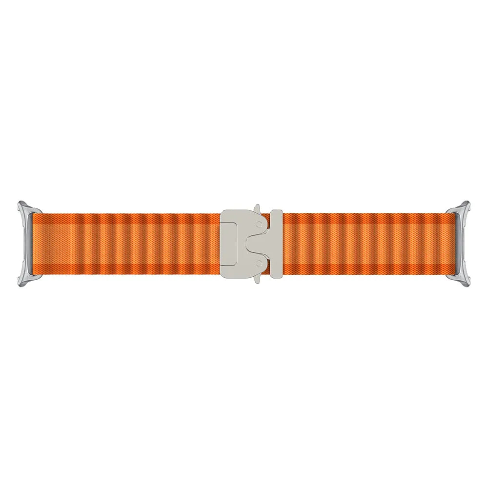 Outdoor Nylon Strap with P-Buckle, orange/silver, laid flat, joined, direct top view