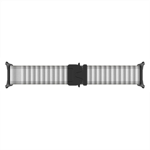 Outdoor Nylon Strap with P-Buckle, white with black, laid flat, joined, direct top view