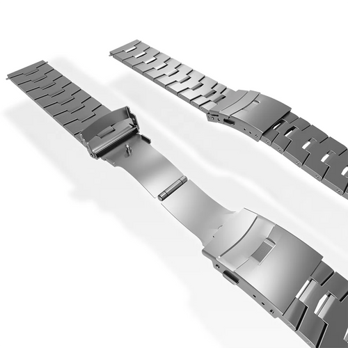Titanium Grain Strap, laid flat, separate parts, top and underside view