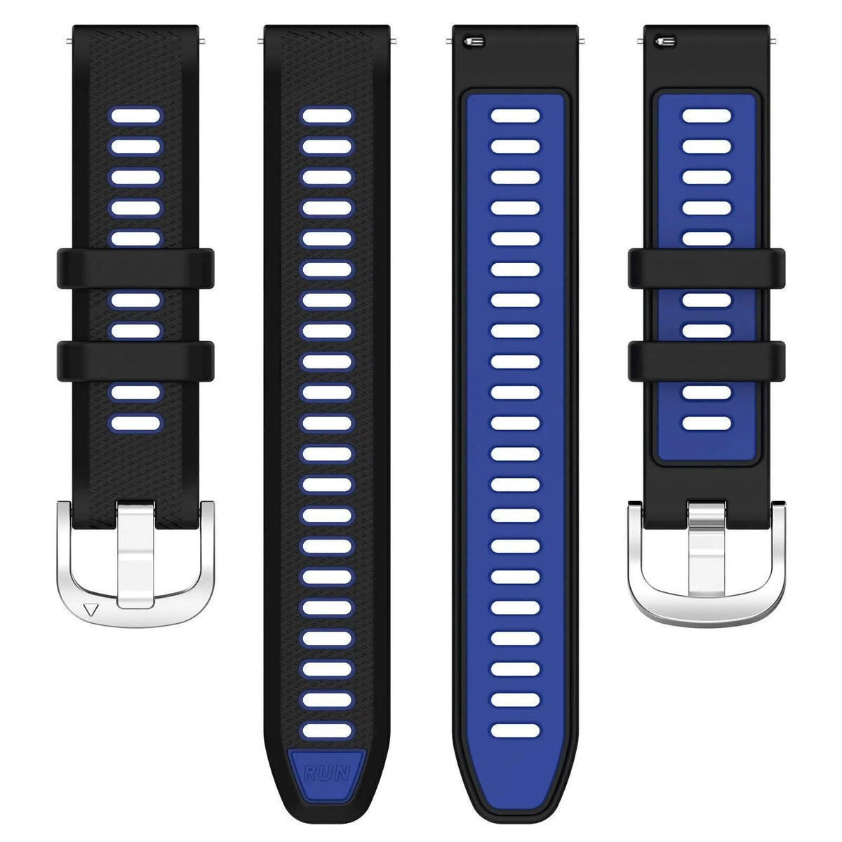 Silicone Buckled Sport Strap, laid flat, separate parts, top and underside view