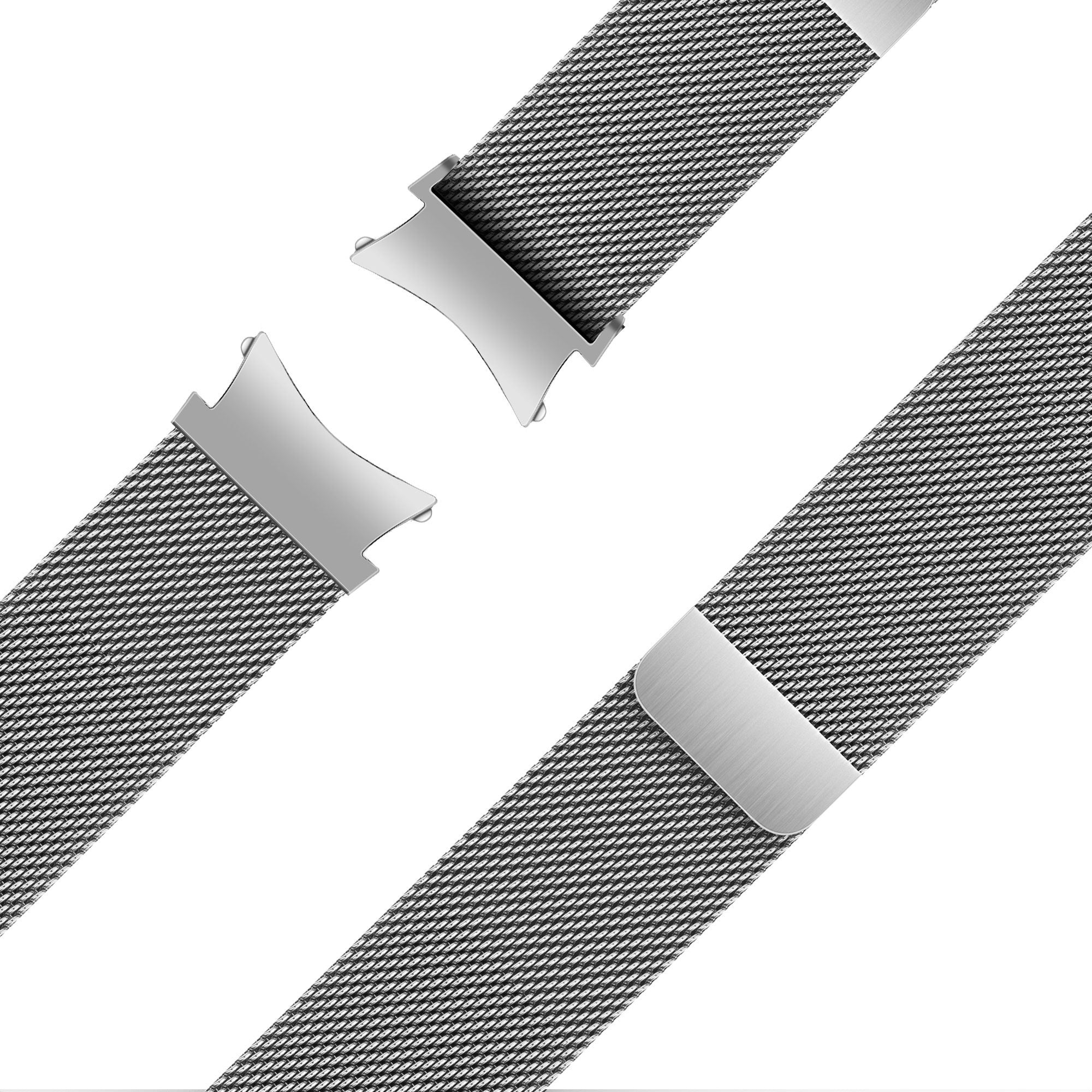Milanese Loop Strap, silver, laid flat, joined, 45° top view