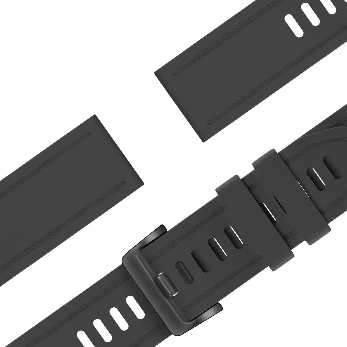 Buckled Silicone Strap, black, laid flat, joined, 45° top view