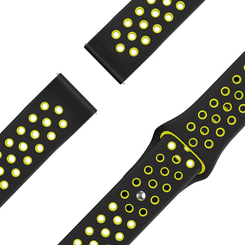 Silicone Sport Strap 'Deluxe', black/yellow, laid flat, joined, 45° top view