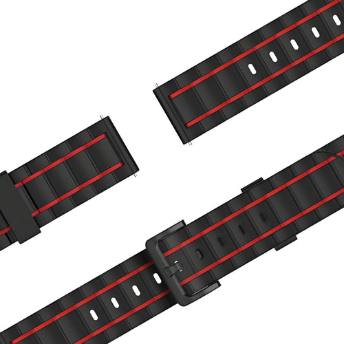 Silicone Sport Strap Striped, black/red, laid flat, joined, 45° top view