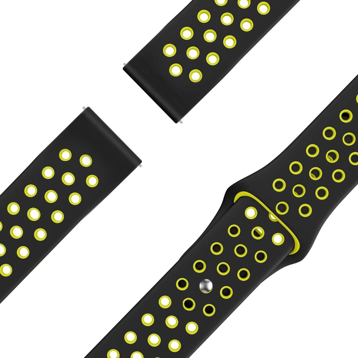 Silicone Sport Strap 'Deluxe', black/yellow, laid flat, joined, 45° top view