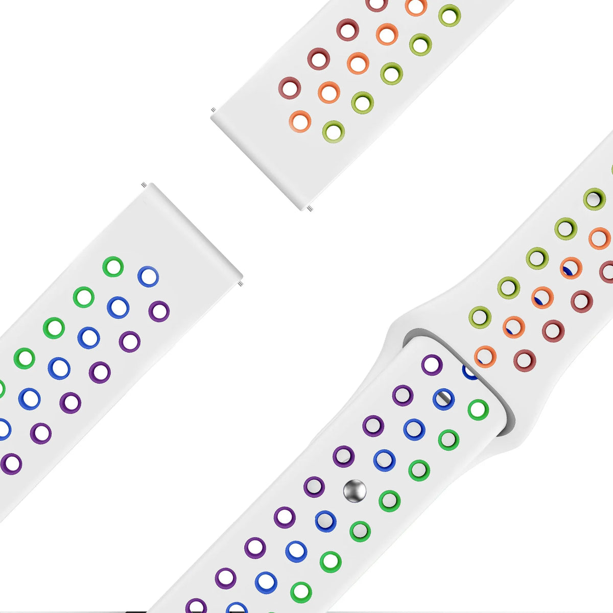 Silicone Sport Strap 'Deluxe', white/colourful, laid flat, joined, 45° top view