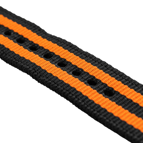 Nylon Buckle Strap, black/orange, laid flat, joined, 45° top view
