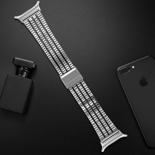 Stainless Steel Strap, silver/black, laid flat, joined, 45° top view
