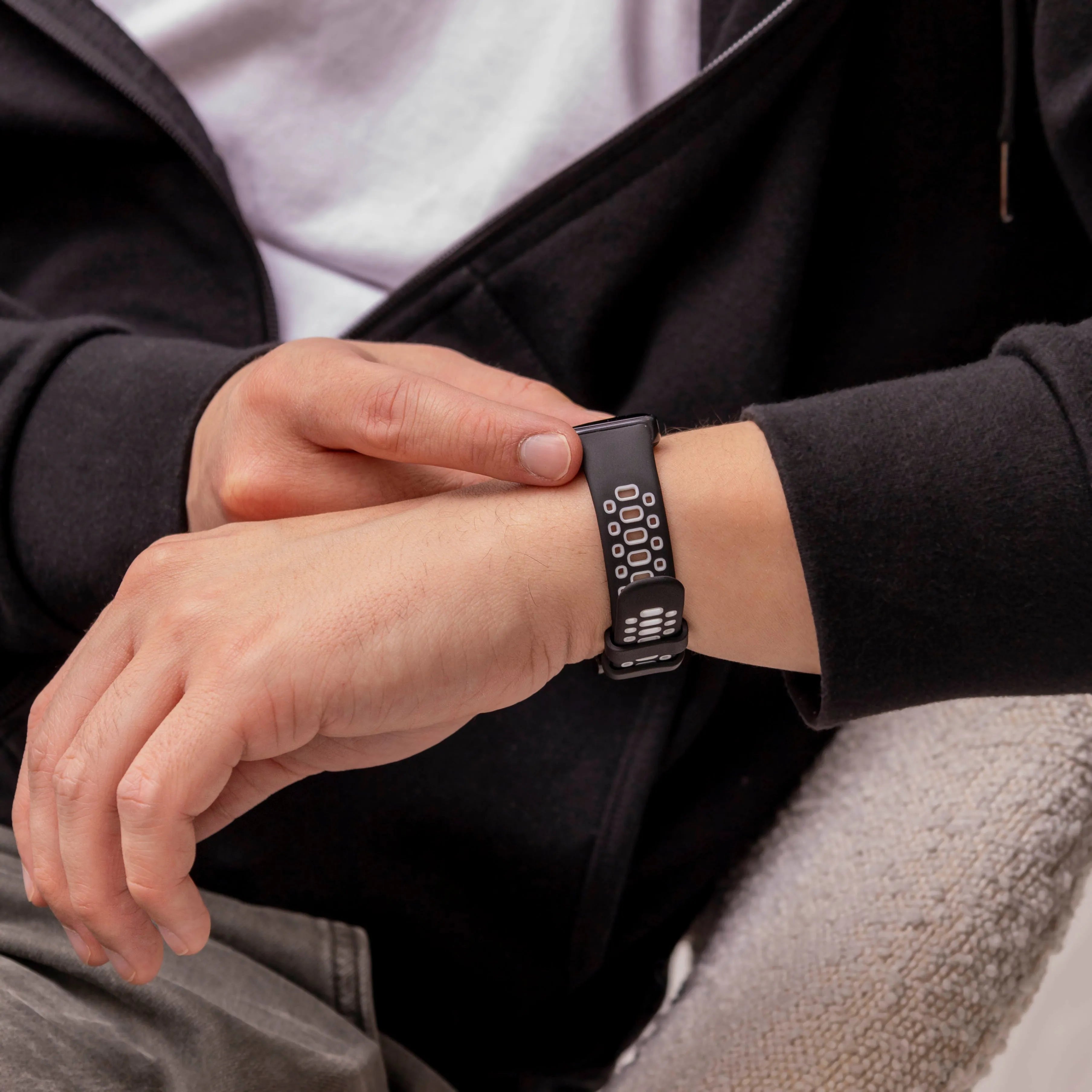 Silicone Sport Strap, black/white, lifestyle photo