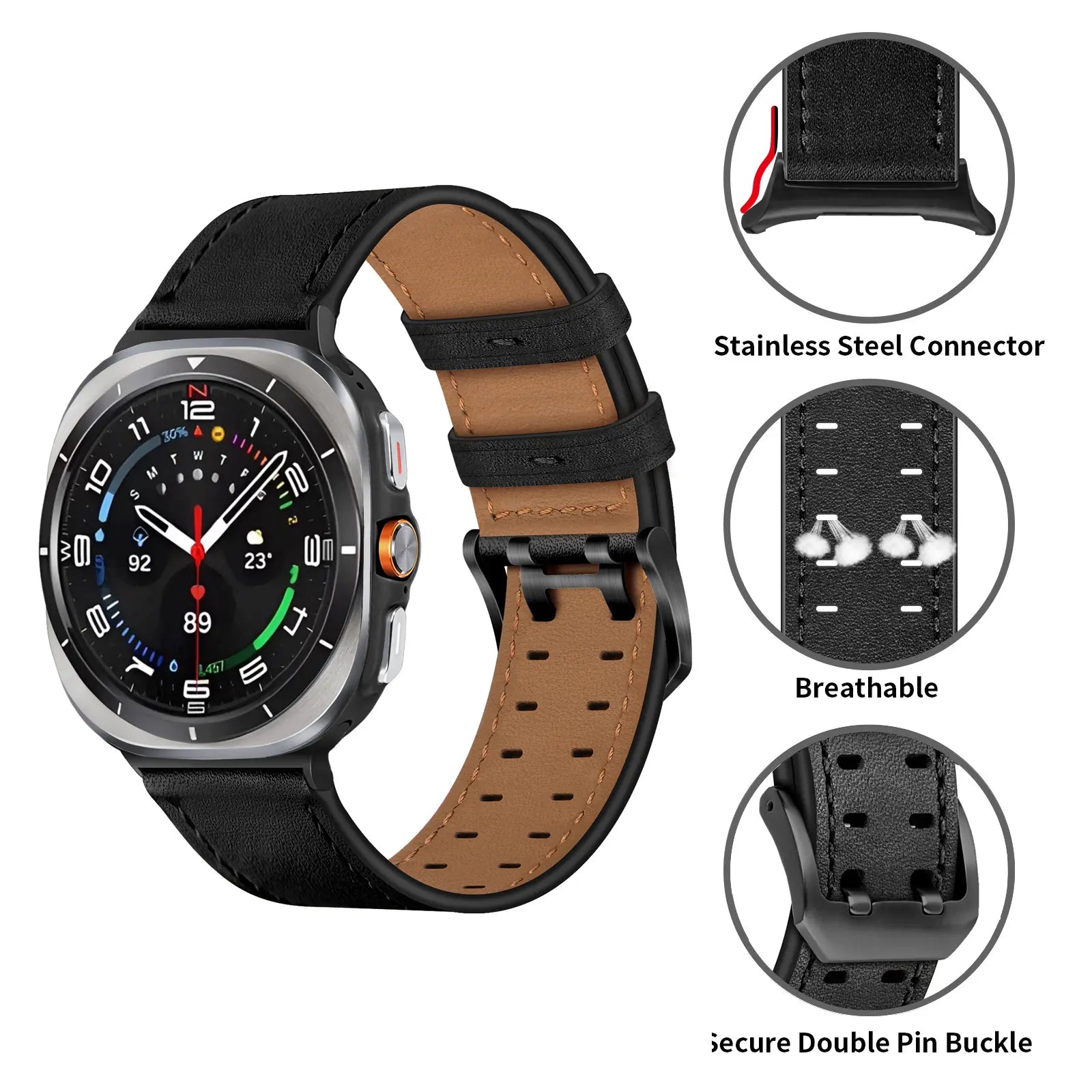 Samsung Galaxy Watch Ultra 2 Double Pin Leather Strap (Black)