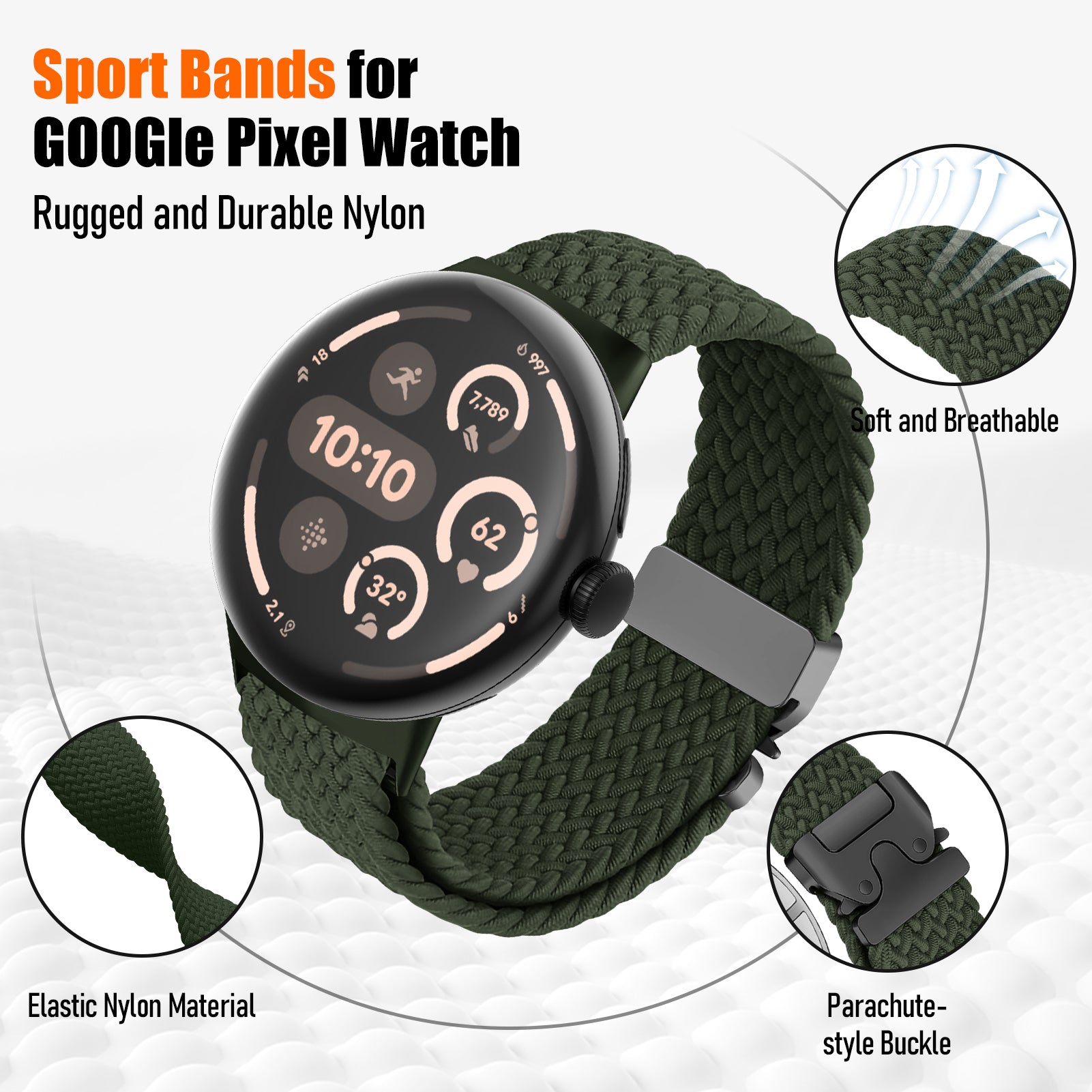 Google Pixel Watch 3 - 45mm Braided Strap with P-Buckle (Green)