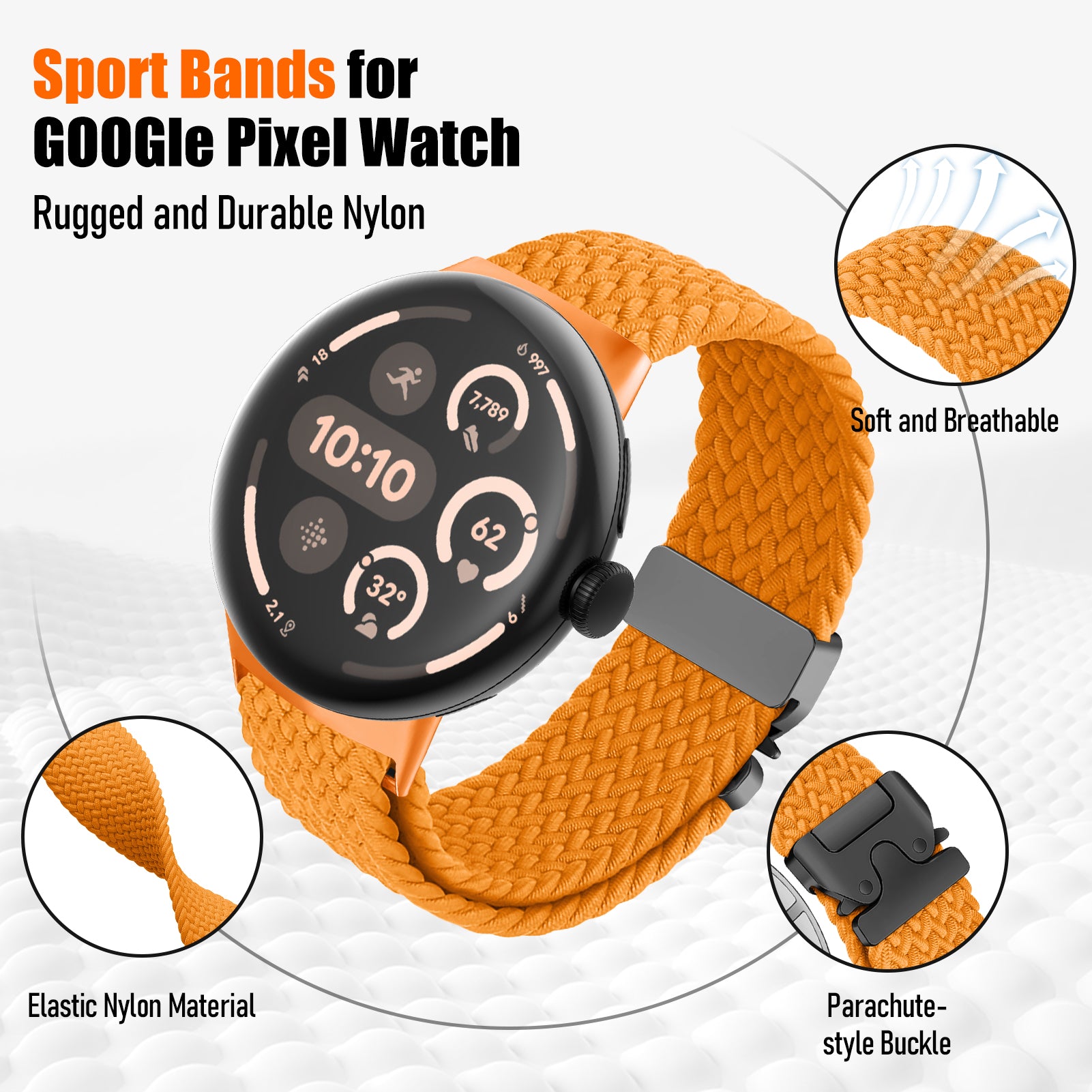 Google Pixel Watch 3 - 45mm Braided Strap with P-Buckle (Orange)